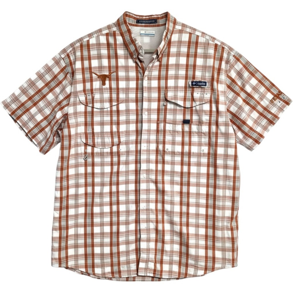 Texas Longhorns Fishing Shirt Columbia PFG Super Bonehead Mens XXL Orange Plaid